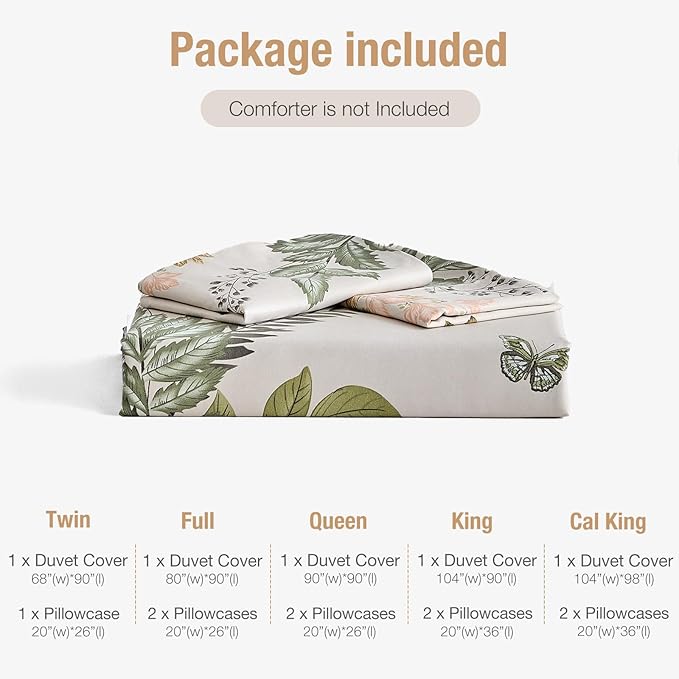 Lekesky King Size Reversible Duvet Cover, Duvet Cover King Size 3 Piece Green Leaf Microfiber Botanical Bedding Set with Zipper Closure 8 Corner Ties