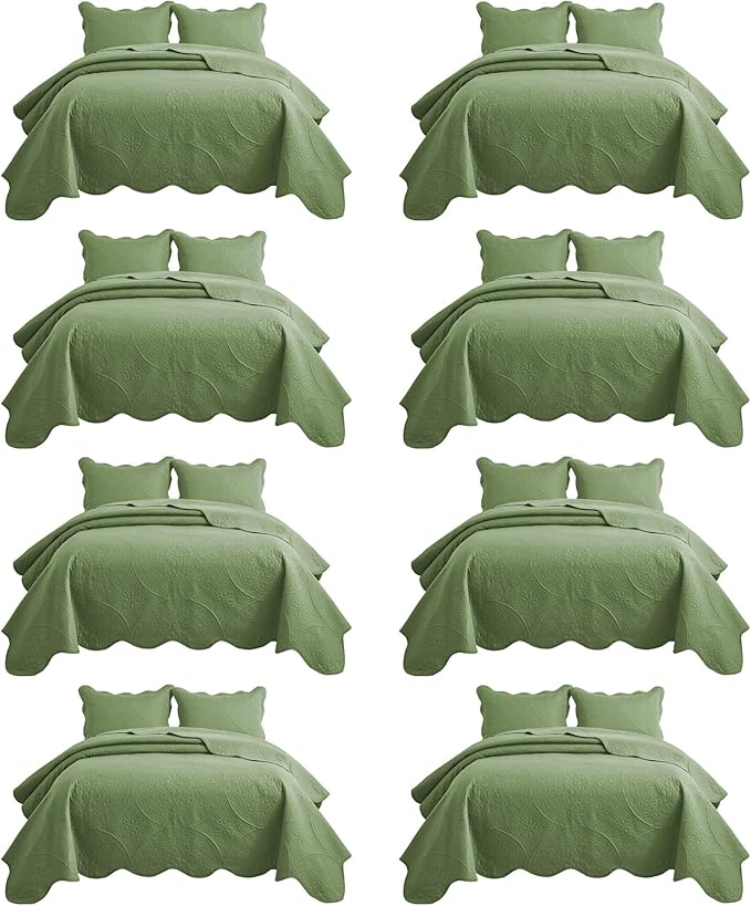 IR Imperial Rooms 8 Pack Quilt King Size Bedding (106" x 96") - Bulk Wholesale for Hotels, Guest Bedroom & Airbnbs - Lightweight Microfiber Reversible Floral Embossed Quilts Bedspreads (Olive Green)