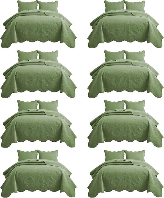 IR Imperial Rooms 8 Pack Quilt King Size Bedding (106" x 96") - Bulk Wholesale for Hotels, Guest Bedroom & Airbnbs - Lightweight Microfiber Reversible Floral Embossed Quilts Bedspreads (Olive Green)