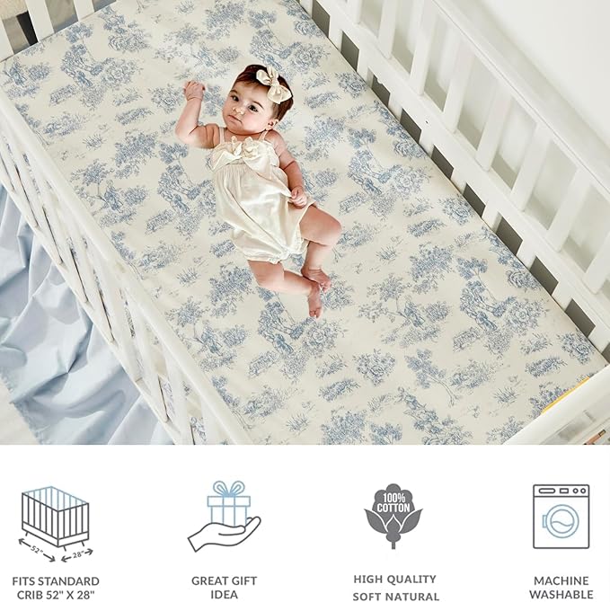 Brandream French Country Toile Crib Bedding Set for Girls Vintage Blue Toile Floral Print 100% Cotton Baby Girl Nursery Bedding Collection - Ruffles Quilt,Toile Crib Sheet,Crib Bed Skirt 3 Pieces
