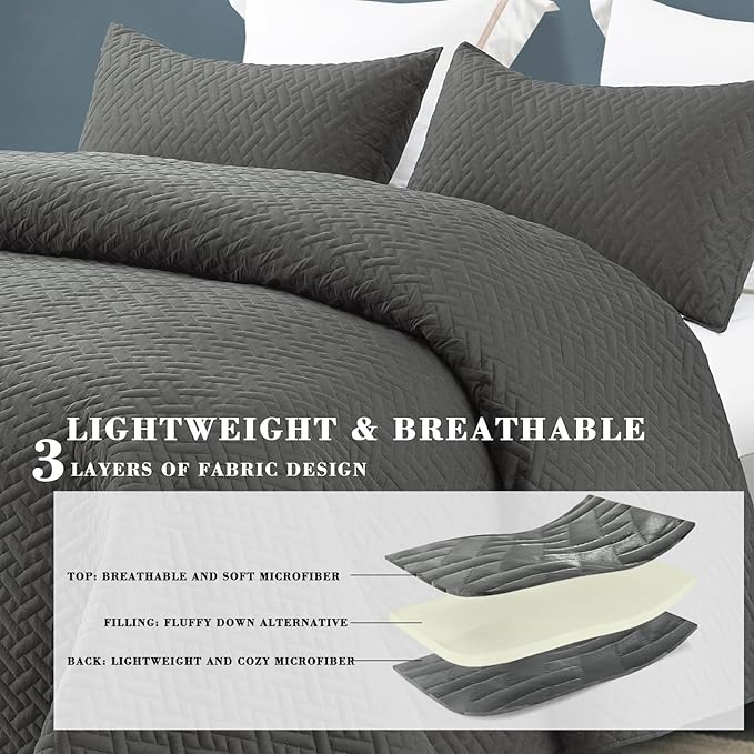 Exclusivo Mezcla Full Queen Size Quilt Bedspreads with Basket Weave Pattern, Soft Lightweight Summer Quilts Bedding Set Coverlets Bed Cover for All Seasons, Dark Grey