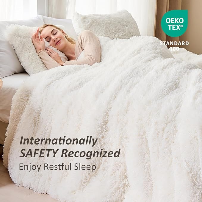 EMME Luxury White Fuzzy Duvet Cover Set King Size 3 Pieces Fluffy Comforter Cover Set for King Bed Shaggy and Plush Soft Bedding Duvet Covers (White, King)