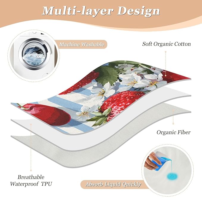 Waterproof Bed Pad Reusable Changing Pad Toddler Mattress Protector Large Pee Pad Baby Diaper Pad Soft Washable Liner Blue Stripe Strawberries Cherries Blueberries