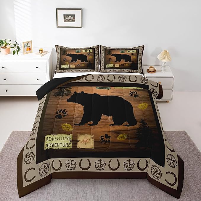 Feelyou Kids Bear Rustic Bedding Set Full Size, Texas Star Comforter Set Western Farmhouse Comforter for Kids Boys Girls Countryside Duvet Insert Room Decor Microfiber Bed Set