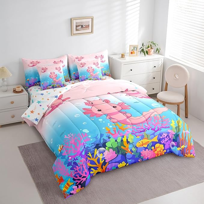 Feelyou Boys Girls Cute Axolotl Bed in A Bag Twin Size, Ocean Sealife Comforter Set with Sheets Kids Cartoon Salamander 7 Pieces Bedding Sets Kawaii Teens Bed Set