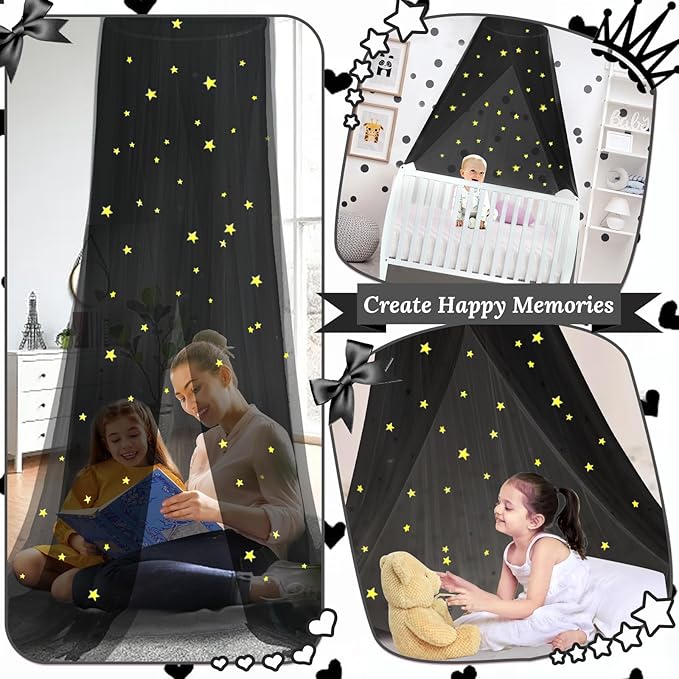 South to East Bed Canopy with Glowing Stars in The Dark, Black Bed Curtains for Kids Bed & Toddler Bed, Twin, Full & Queen, Mosquito Net Canopy for Adult Bedoom, Easy to Install