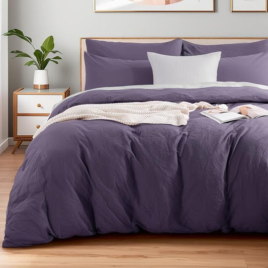 NEXHOME PRO 100% Washed Cotton Duvet Cover Full Size, Ogranic Natural Linen Feel Breathable Bedding Set with Zipper Closure, 3 Pieces Duvet Cover Set Eggplant (No Comfortert) 8090