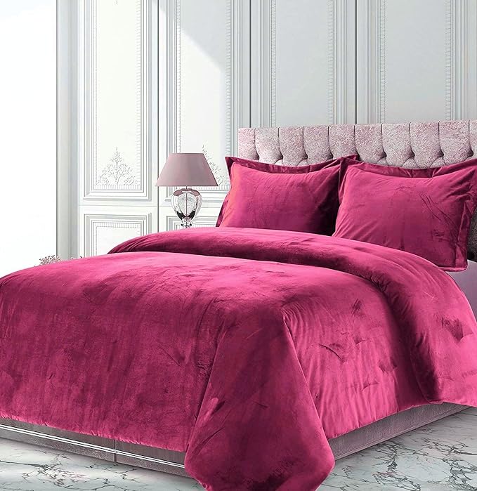 Hot Pink 5 Piece Velvet Comforter Set Queen Size (Comforter + 4 Pillowcases) Crinkle Crushed 400 GSM