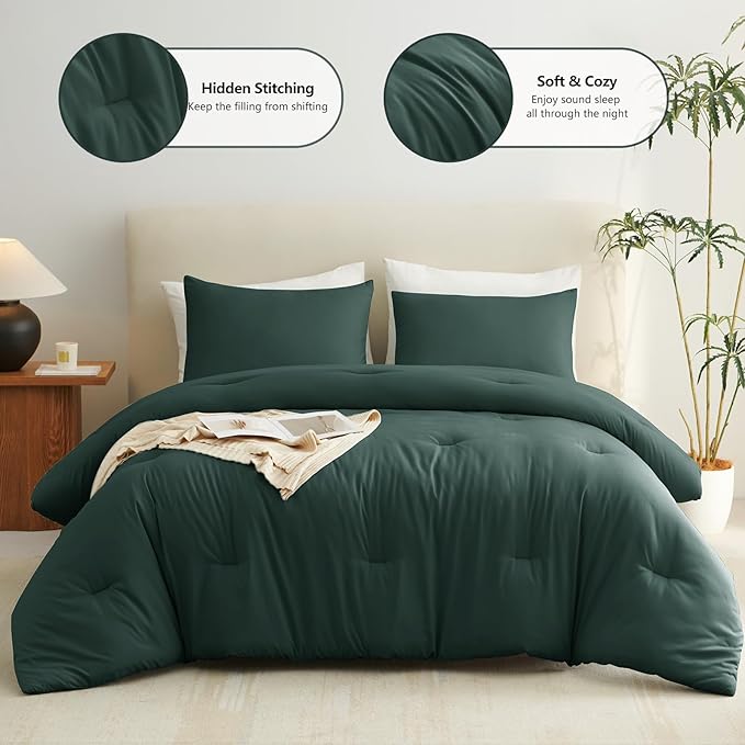 CozyLux Oversized King Comforter Set Forest Green, 3 Pieces 120x98 Solid Breathable Quilted Style Bedding Sets All Season, Luxury Soft Down Alternative Comforter Bed Set (1 Comforter & 2 Pillowcases)
