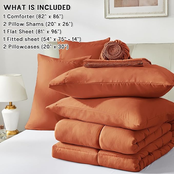 Anluoer Full Size Bed in a Bag 7 Pieces, Burnt Orange Bed Comforter Set with Sheets, All Season Bedding Sets with 1 Comforter,2 Pillow Shams,2 Pillowcases, 1 Flat Sheet,1 Fitted Sheet