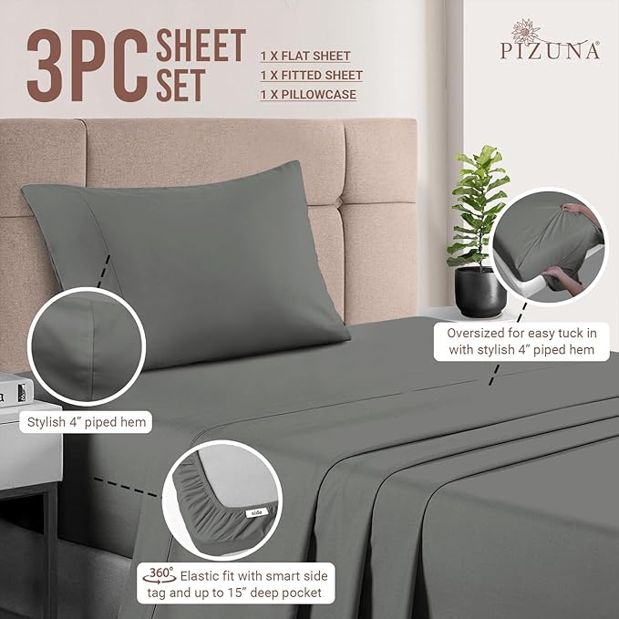 Pizuna Pure 100% Cotton Sheets Twin XL Size, Luxurious 400 Thread Count Long Staple Cotton Sateen Sheets with 15" Deep Pocket (Combed Dark Grey Sheet Twin XL)