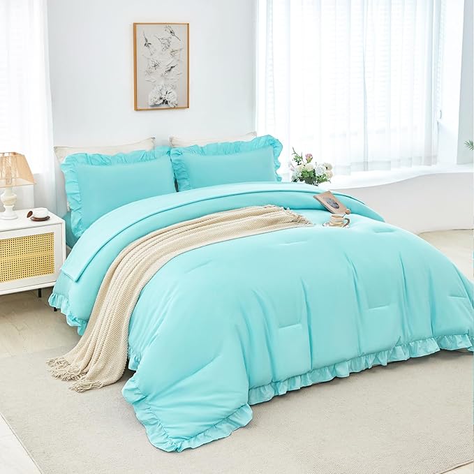 ANGIYUIN 5 Pieces Full Size Bed in A Bag Aqua Blue Ruffle Comforter Sets for Kids Teens Solid Elegance Bedding Sets Soft Lightweight Bedding Comforter Sets(Aqua Blue Full)