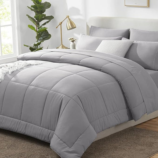 CozyLux King Size Comforter Set Grey, 7 Pieces Bed in a Bag, Gray Comforter King Size, All Season Bedding Sets with Stitch Quilted Comforter, Flat Sheet, Fitted Sheet, Pillowcases