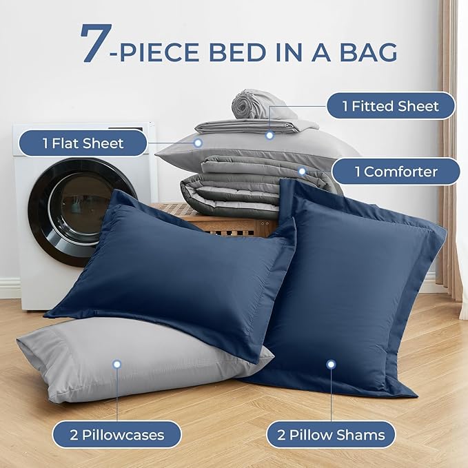 Sasttie Queen Comforter Set, 7 Pieces Bed in a Bag Queen, Complete Bedding Set Includes Comforter, Flat Sheet, Fitted Sheet, Pillowcases and Pillow Shams, Navy & Light Grey