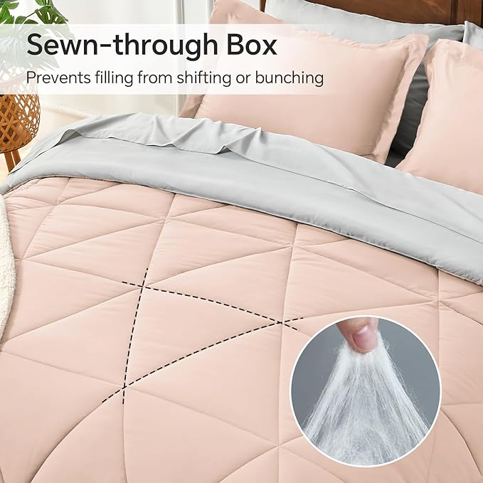 BEDELITE King Size Comforter Set 7 Pieces Bed in A Bag - Soft Microfiber Reversible Dusty Pink Bed Set with Comforters, Sheets, Pillowcases & Shams, Cozy Luxury Bedding Sets for All Season
