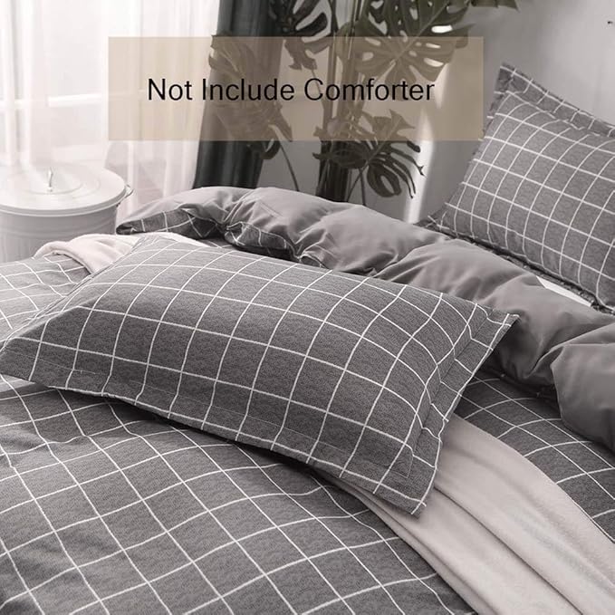 Nanko Queen Duvet Cover Set Gray, 3 Pieces 1200 TC Luxury Microfiber Down Comforter Quilt Bedding Cover with Zipper Closure, Ties - Organic Modern Style for Men and Women, Plaid