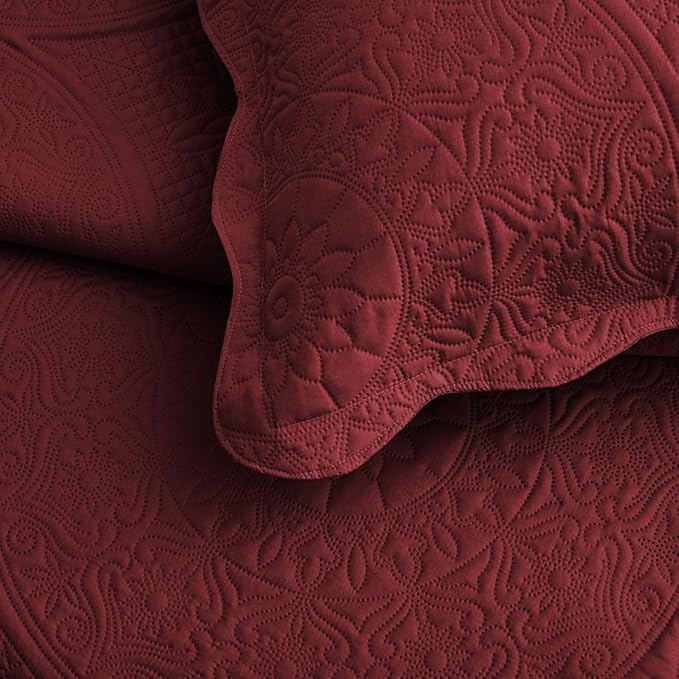MOONLIGHT20015 King Quilt Bedding Set Size (106" x 96") + 2 Pillow Shams (20" x 36"+ 2") - 3 Pcs All Season Lightweight Reversible Quilt Bedspread Microfiber Floral Embossed Coverlet (Burgundy)