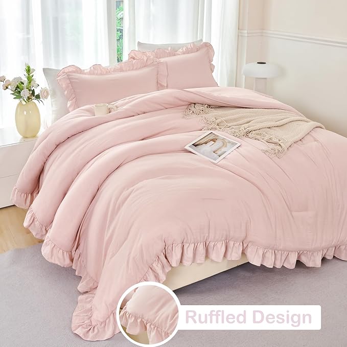 ANGIYUIN 5 Pieces Blush Pink Ruffled Comforter Sets Full Farmhouse Bed in A Bag with Layer Ruffle Soft Lightweight Bedding Sets with Sheet Sets, Pillowcases（Blush Pink Full）