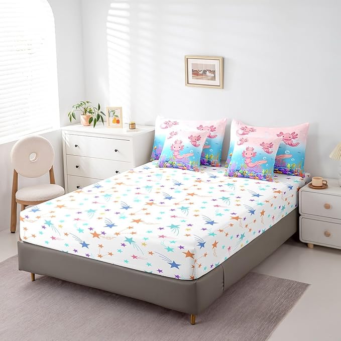 Feelyou Boys Girls Cute Axolotl Bed in A Bag Queen Size, Ocean Sealife Comforter Set with Sheets Kids Cartoon Salamander 7 Pieces Bedding Sets Kawaii Teens Bed Set