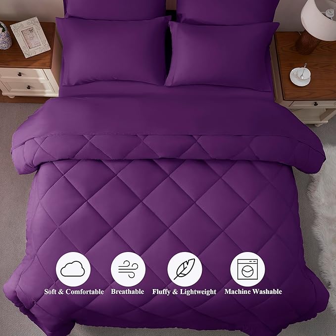 ELNIDO QUEEN® Full Comforter Set Purple- 7 Pieces Bed in a Bag Full Size, Bed Set for All Seasons, Ultra Soft Bedding Sets with Comforter, Flat Sheet, Fitted Sheet, Pillowcases and Pillow Shams