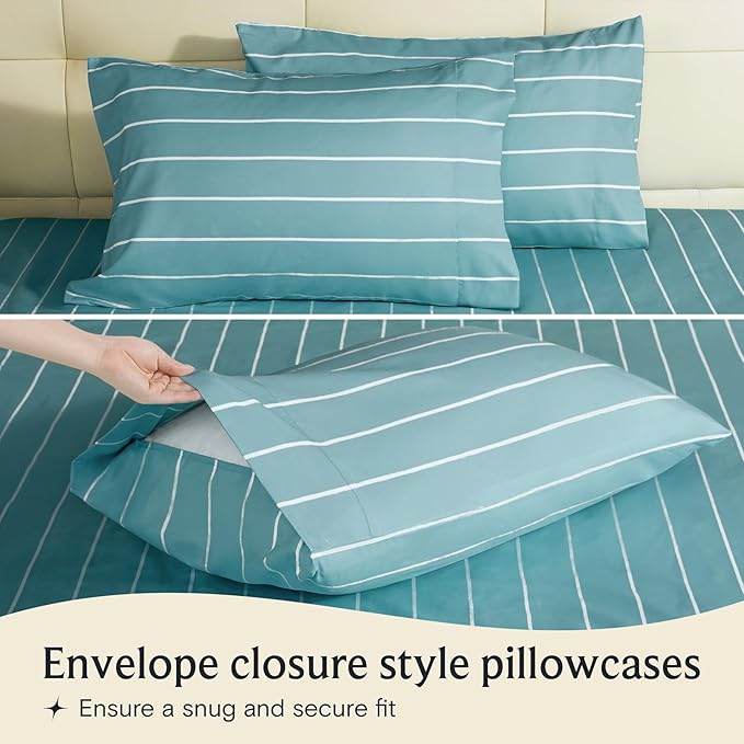 LuxClub 4 PC King Size Sheet Set, Breathable Luxury Bed Sheets, Deep Pockets 18" Wrinkle Free Cooling Machine Washable Hotel Bedding (Striped Light Blue)