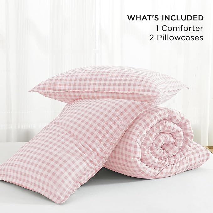 Andency Pink Gingham Comforter Set Full(79x90Inch), Blush Checkered Grid Plaid Buffalo Bed Set for Girls Boys Kids Teens, 3 Pieces Lightweight Microfiber Geometric Preppy Bedding