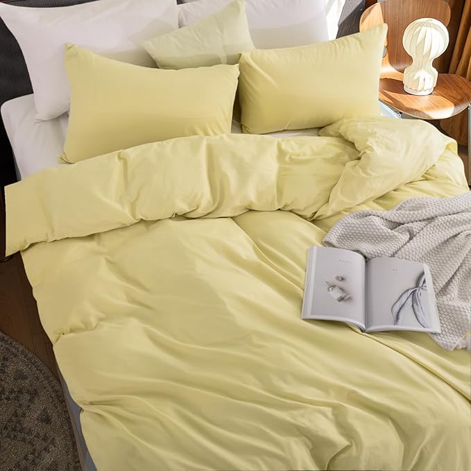 NEXHOME PRO Duvet Cover Set 100% Washed Cotton California Kingn 104"x98", Organic Natural Linen Look Textured 3 Pieces Bedding Set Cream Yellow with Zipper Closure, Breathable