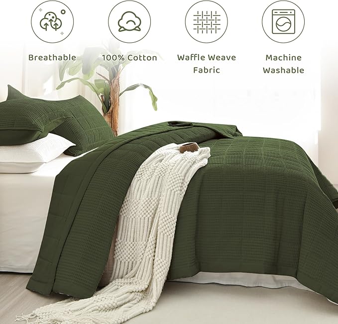 Sanracie Cotton Oversized King Bedspread (128"x120"), Olive Green Waffle Weave Quilt Set 3Pcs Extra Large Wide Farmhouse Bedding Set Soft Breathable Aesthetic Bed Coverlet for All Season