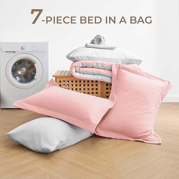 Sasttie California King Comforter Set, 7 Pieces Reversible Cal King Bed in a Bag, Complete Bedding Set Includes Comforter, Flat Sheet, Fitted Sheet, Pillowcases and Pillow Shams, Pink & Light Grey