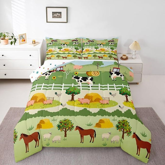 Feelyou Kids Cartoon Farm Animals Comforter Set Girls Boys Cute Pig Cow All Season Down Comforter Kawaii Horse Chicken Duck Bedding Set Room Decor Funny Farm Nursery Quilt King Size 3Pcs Boys