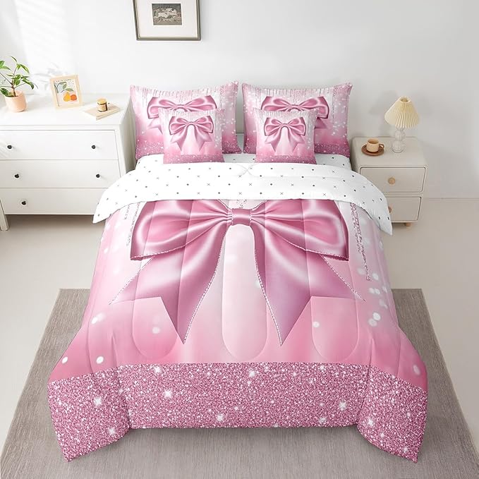 Feelyou Kids Pink Bowknot 7 Pieces Bedding Set Full Size, Dreamy Princess Comforter Set with Sheets Boys Girls Glitter Bed in A Bag Watercolor Bow Teens Bed Set Bedroom Decor 7Pcs