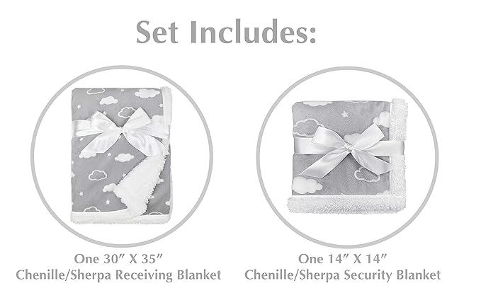 American Baby Company Heavenly Soft Chenille Sherpa Blanket Set, Receiving Blanket (30" x 35") & Security Blanket (14" x 14"), 3D Gray Cloud, for Boys & Girls