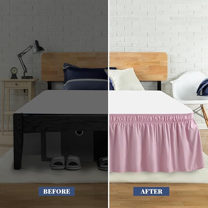 King Bed Skirt, Elastic Wrap Around Bed Skirt King Size, Bed Skirts for Adjustable Bed, Easy Fit with 18" Drop Length Tailored Drop Dust Ruffle (Pink)