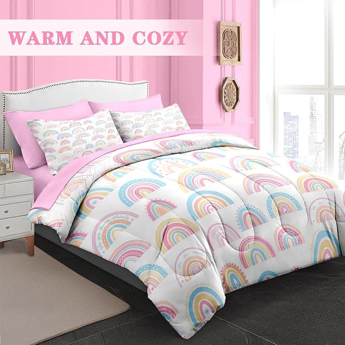 Comforter Set Twin Size, Cute Cartoon Rainbow 5 Pcs Bedding for Kids and Adults, Pink Boho Nursery Bed Sheet Sets with Fitted Sheet Pillowcase & Sham for Bedroom Bed Decor