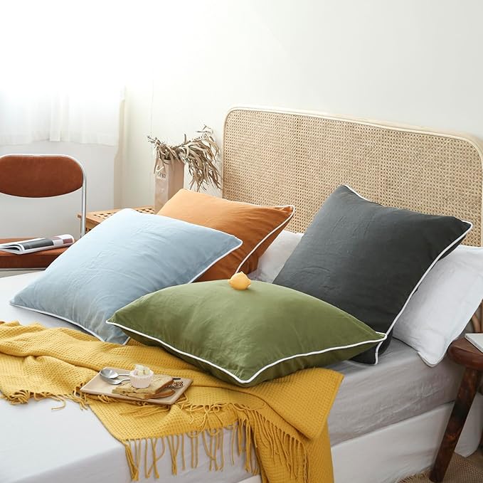 Simple&Opulence 100% Linen Euro Sham Covers with Piping Trim, 26"x26" Pillow Cover Set of 2, Breathable Pillow Shams for Bed Couch Decorative Cushions, Olive Green