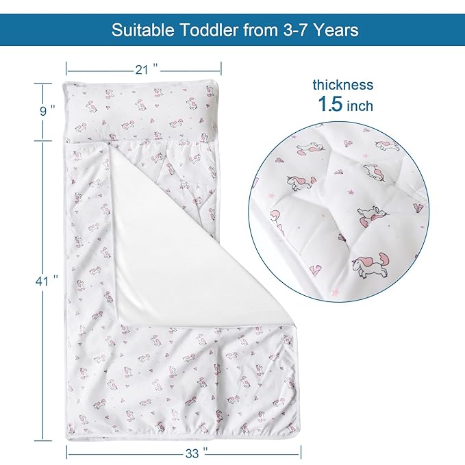 Toddler Nap Mat with Blanket 50" x 21" x 1.5", Nap Mat for Boys Girls Super Soft and Cozy, Kids Sleeping Bag for Preschool, Daycare, Toddler Sleeping Bag, White Horse
