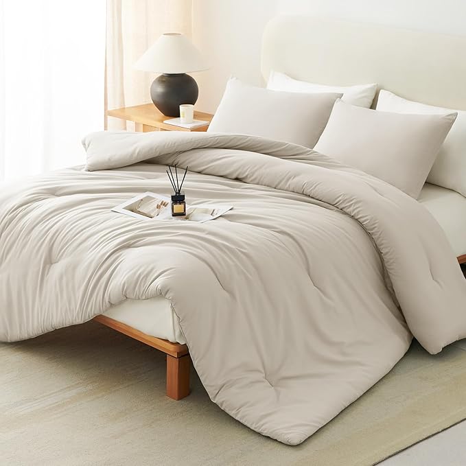 CozyLux Beige Full Size Comforter Set, 3 Pieces Solid Breathable Quilted Style Bedding Sets, Luxury Fluffy Soft Bed Set with Down Alternative Comforter for All Season (1 Comforter & 2 Pillowcases)