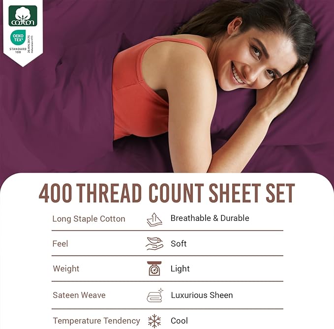 Pizuna Pure 100% Cotton Sheets California King Size, Luxurious 400 Thread Count Long Staple Cotton Sateen Sheets California King with 15" Deep Pocket (Combed Berry Plum Cotton Sheets California King)
