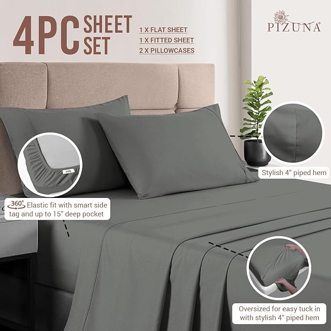 Pizuna Pure 100% Cotton Sheets King Size, Luxurious 400 Thread Count Long Staple Cotton Sateen Sheets with 15" Deep Pocket in Dark Grey