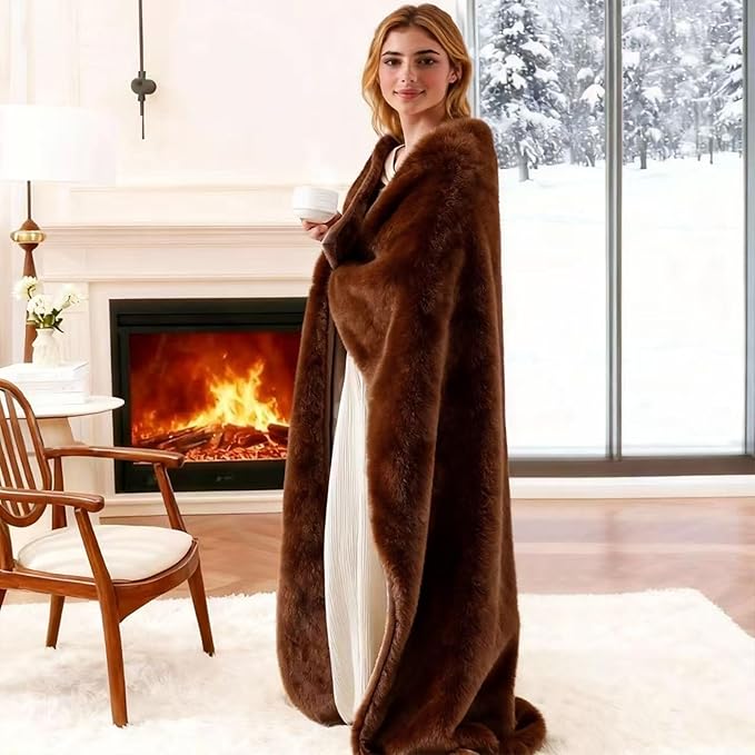 Faux Rabbit Fur Throw Blanket 880 GSM,Ultra Soft Thick Warm Bubble Plush, Reversible Throw for Couch Sofa Bed, Cozy Shaggy Blanket for Bedroom & Living Room(50"x60",Coffee)