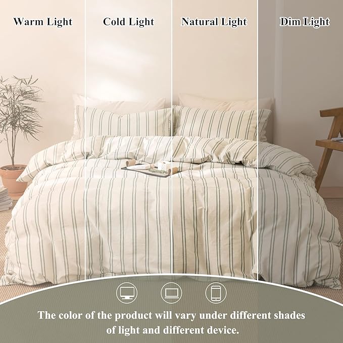 VM VOUGEMARKET 100% Washed Cotton Striped Duvet Cover Sets King,Beige Duvet Cover with Gray Stripes Pattern Printed Comforter Cover with Zipper Closure & Corner Ties(3pcs,King Size)