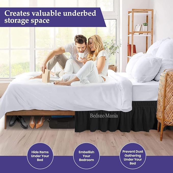 Wrap Around Bed Skirt 10" Inch Drop 100% MicrofibreFabric 1-Piece Bed Skirt Easy Fit Easy Care Fade & Wrinkle Resistant - Queen Size (60"X80"), Black Color