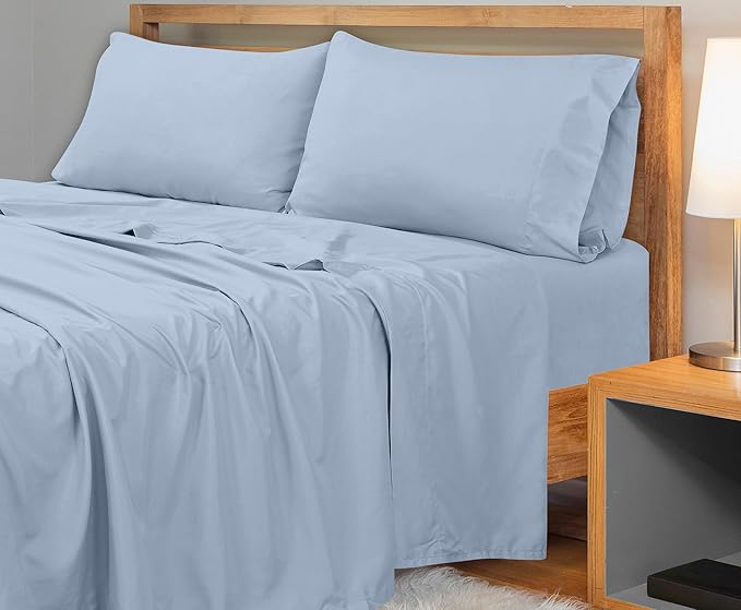 Royale Linens 300 Thread Count 100% Long Staple Combed Cotton Flat Sheet - Super Soft - Top Sheets - Twin Flat Sheet Sold Separately - Breathable, Cool & Crisp Percale Sheets Only (Twin, Lake Blue)