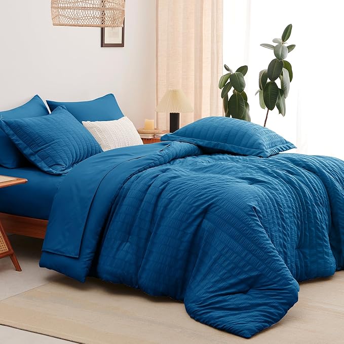 CozyLux King Seersucker Comforter Set with Teal Bed in a Bag 7-Piece All Season Bedding Set with Comforter, Pillow Sham, Flat Sheet, Fitted Sheet, Pillowcase
