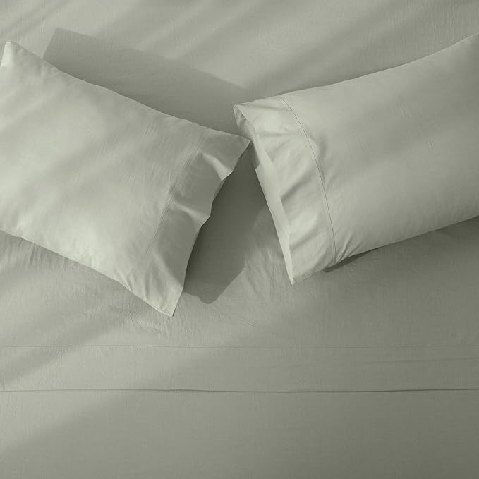 JIYUAN 100% Washed Cotton Sheet Set 4 Pieces Cal King,1 Fitted Sheet,1 Flat Sheet and 2 Pillowcases,Comfy and Breathable Linen Like Bedding Set,Heathered Sage Green
