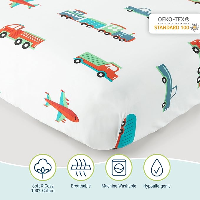 Wildkin 100% Cotton Toddler Sheet Set – Soft & Cozy Bed Sheets - Transportation