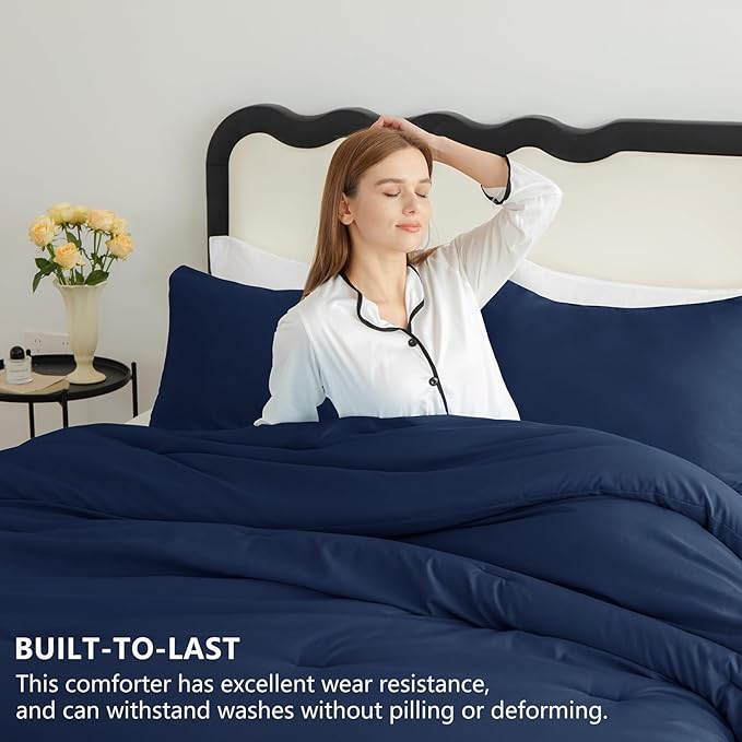 CozyLux California King Comforter Set Navy Blue, 3 Pieces Cal King Solid Breathable Quilted Bedding Sets, Luxury Soft Bed Set with Down Alternative Comforter and 2 Pillowcases for All Season