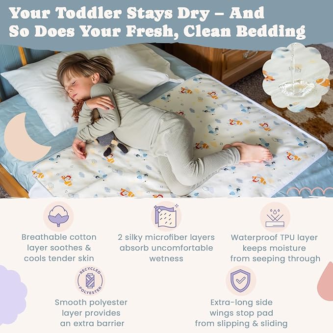 Tuckable Side Bed Wetting Pads Toddlers, Reusable Washable Waterproof Baby Potty Training Pee Pads Sheet Protector Kids, 5 Absorbent Layers, Exclusive No-Slip, 39"x 29" Fits Twin Pink Bunny Print