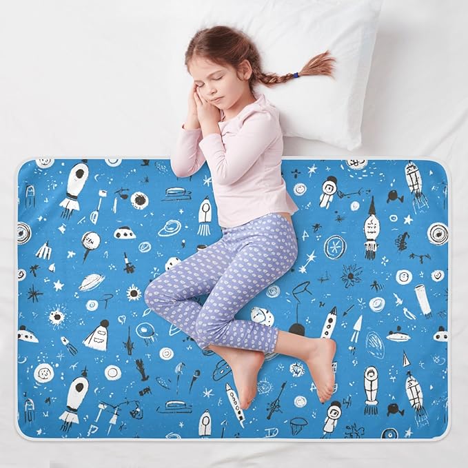 Waterproof Bed Pad Reusable Changing Pad Toddler Mattress Protector Large Pee Pad Baby Diaper Pad Soft Washable Liner Blue Space Doodle Rocket Spacemen