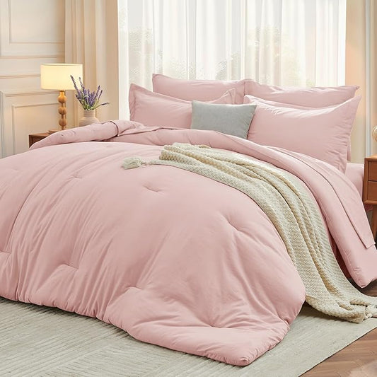 MUXHOMO 7 Pieces Queen Comforter Set, Soft Bed in a Bag Queen Size, All Season Bedding Set with Comforter, Flat Sheet, Fitted Sheet, Pillowcases & Shams, Pink